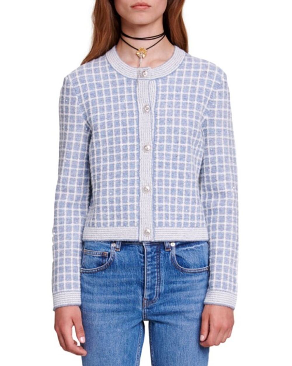 Maje Checkered Blue Malony Cardigan Size 1